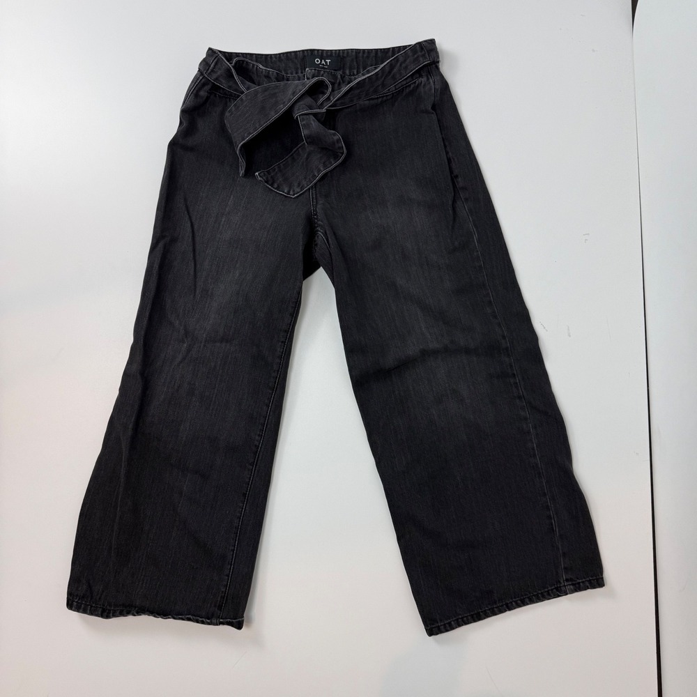 OAT New York Women Black Mid-Rise Wide-Leg Crop Jeans Tie Waist Size 26 1067-CZ